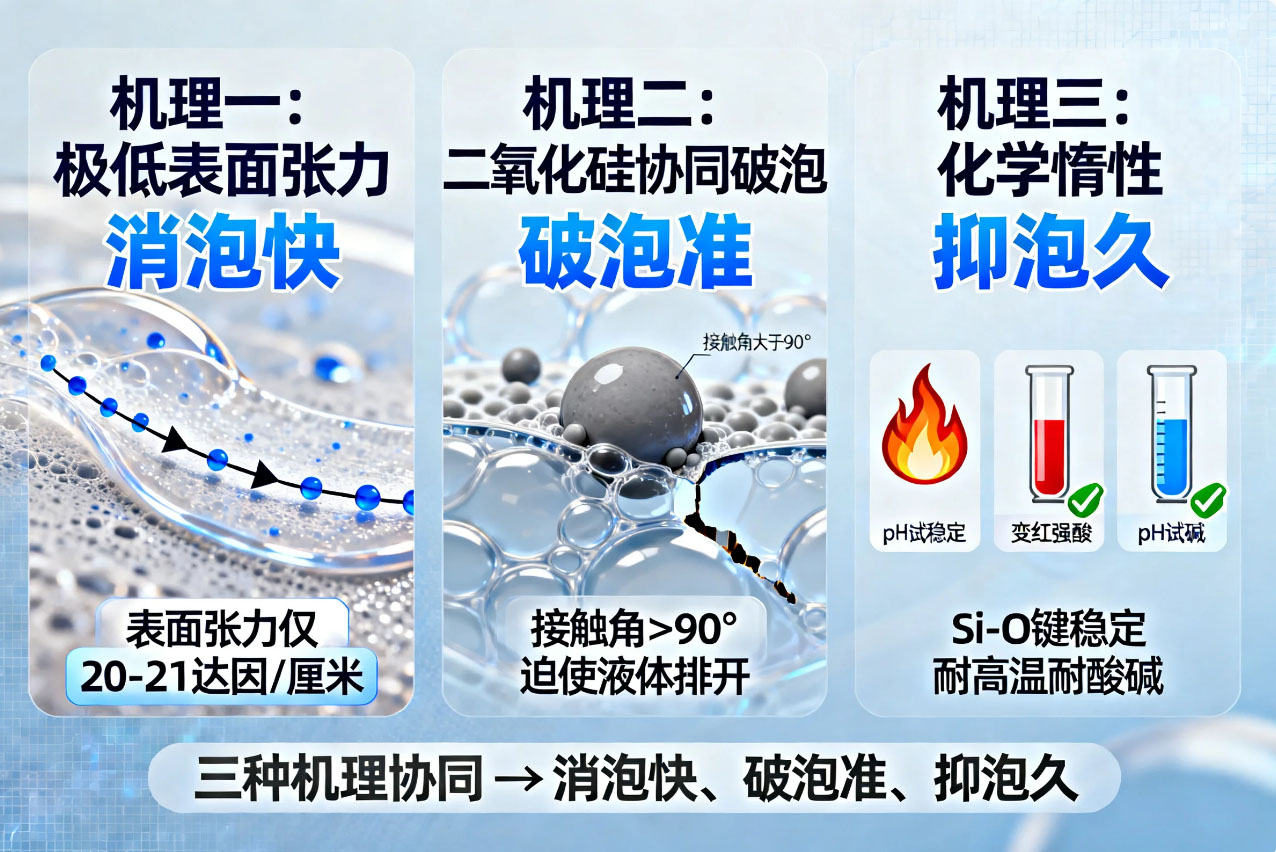 有机硅消泡剂消泡机理三种协同作用示意图