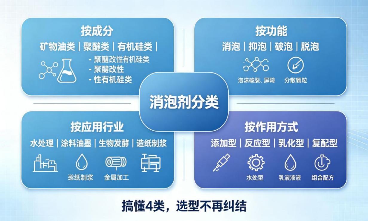 消泡剂分类四大维度总览(成分/功能/行业/作用方式)
