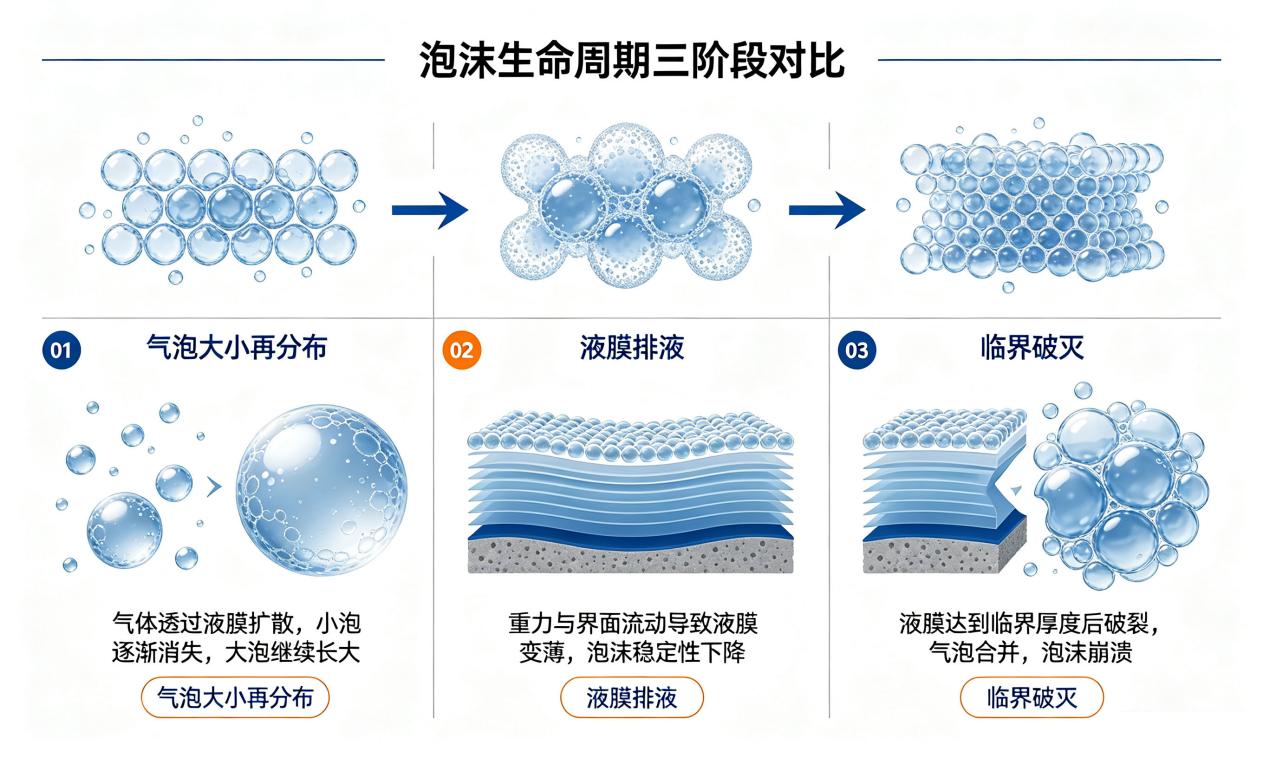 泡沫生命周期三阶段气泡大小分布排液破灭过程