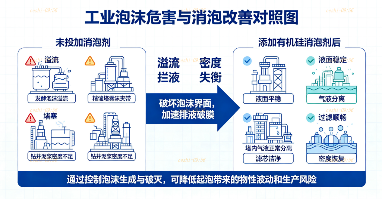 工业泡沫危害与消泡改善对比图