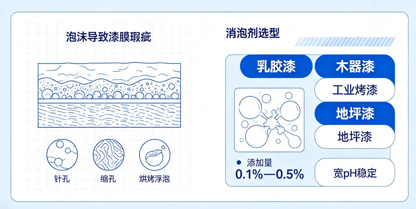 涂料起泡问题与消泡剂选型示意图