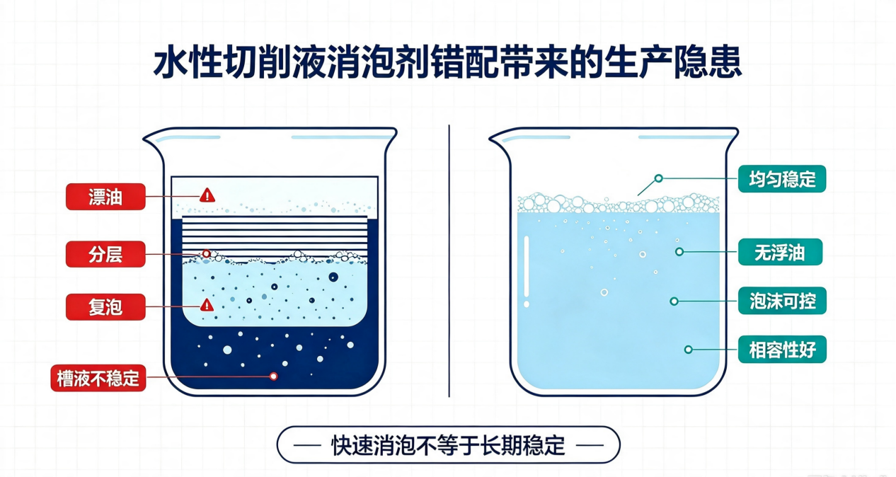 水性切削液消泡剂体系影响对比示意图