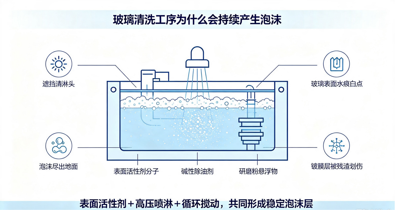 玻璃清洗工序泡沫产生及带来的生产危害示意图