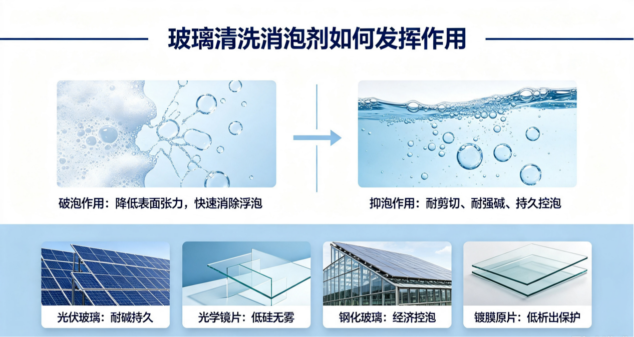 玻璃清洗消泡剂破泡、抑泡作用原理示意