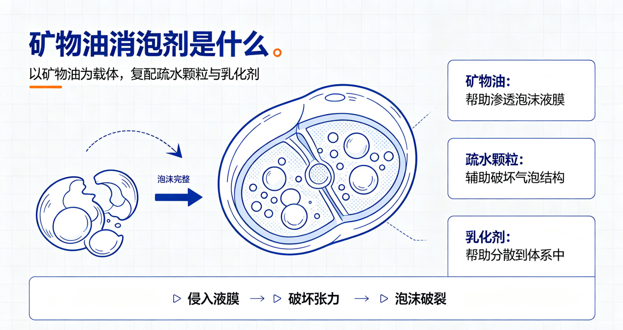矿物油消泡剂成分与消泡原理示意图
