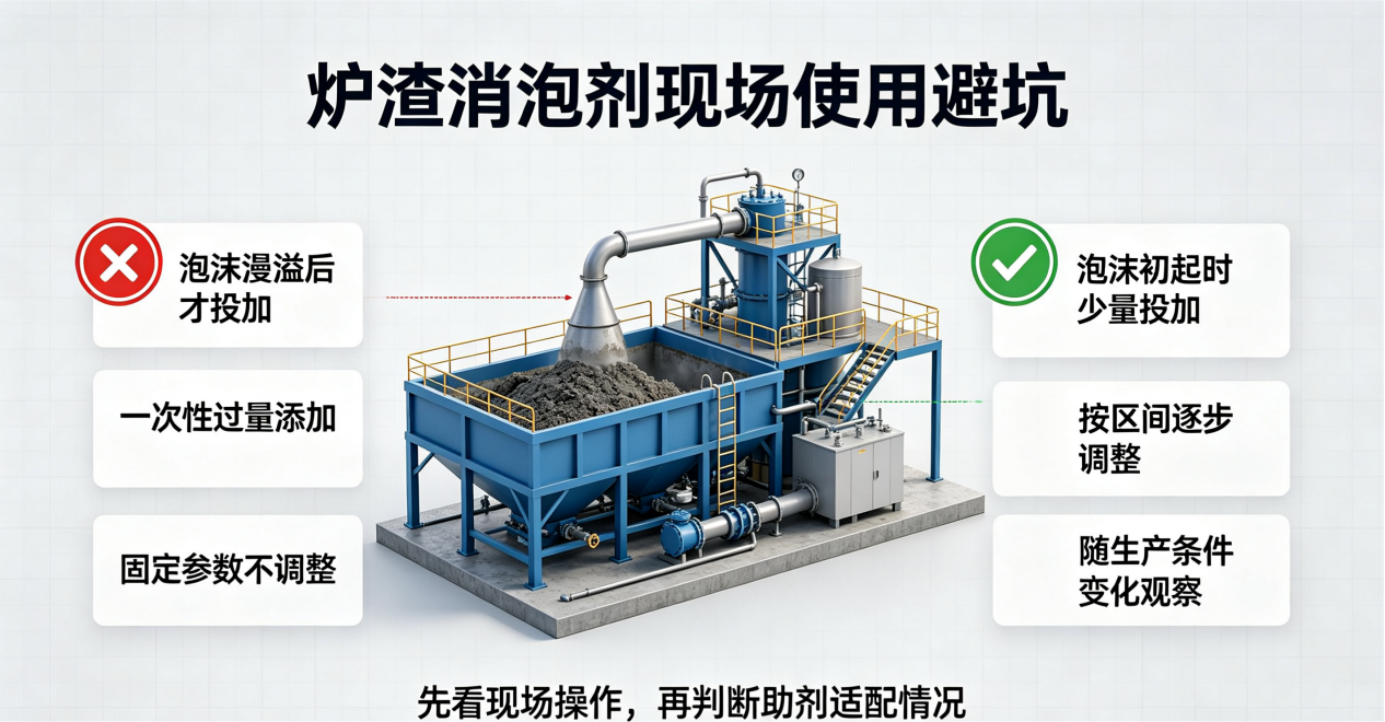 炉渣消泡剂现场使用避坑要点示意图