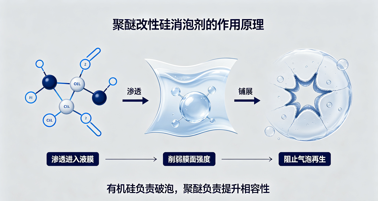 聚醚改性硅消泡剂作用原理示意图