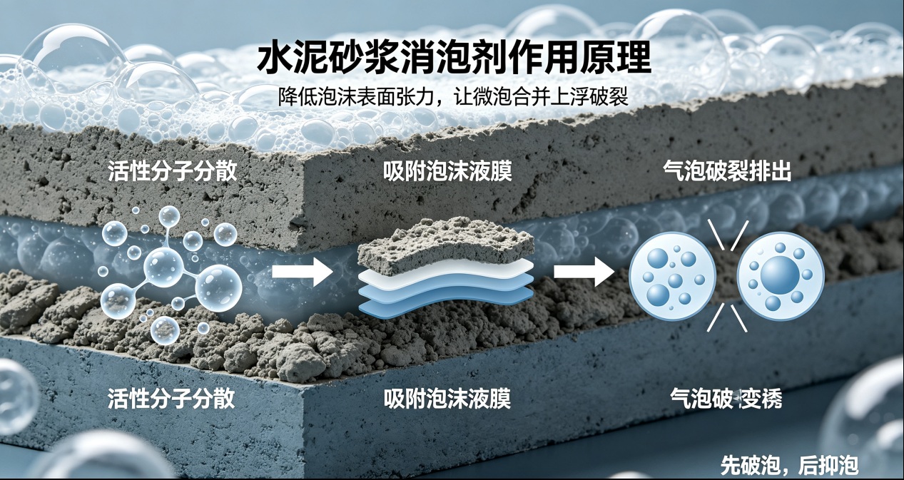 水泥砂浆消泡剂作用原理示意图