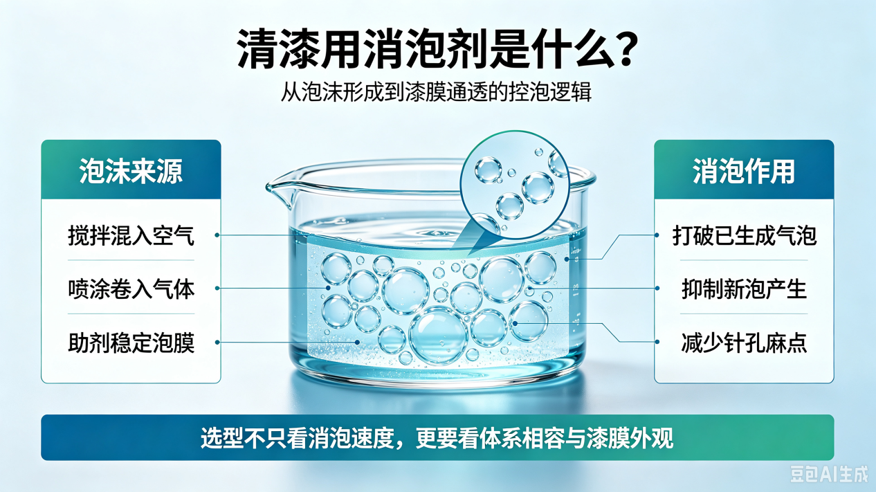清漆泡沫成因与清漆用消泡剂作用示意图